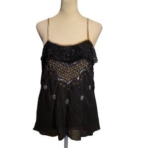Free People Sequined Tank Top/Spaghetti Strap Womens-Silk-Sz 4 Black